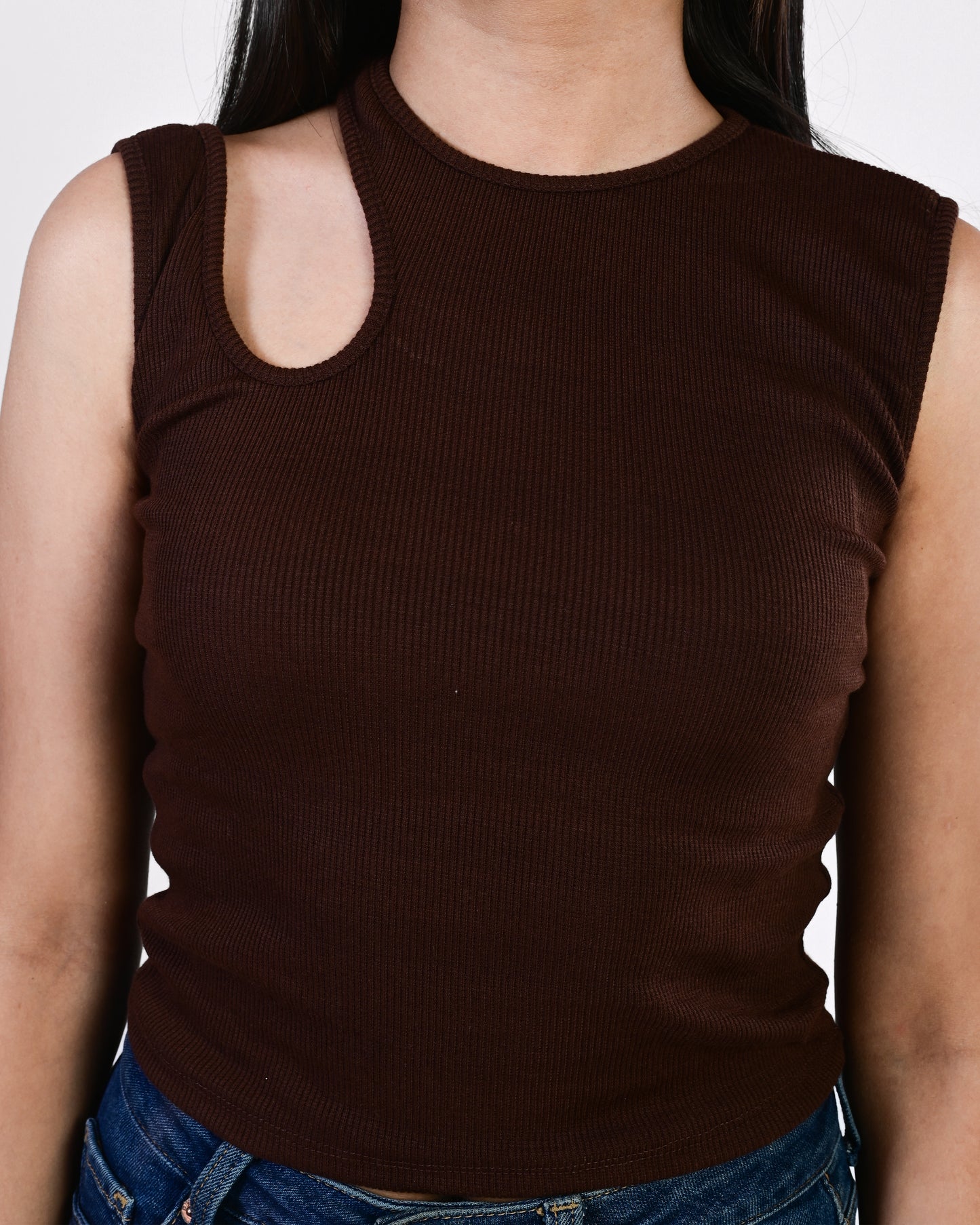 Shoulder Cut Crop Top (Brown)