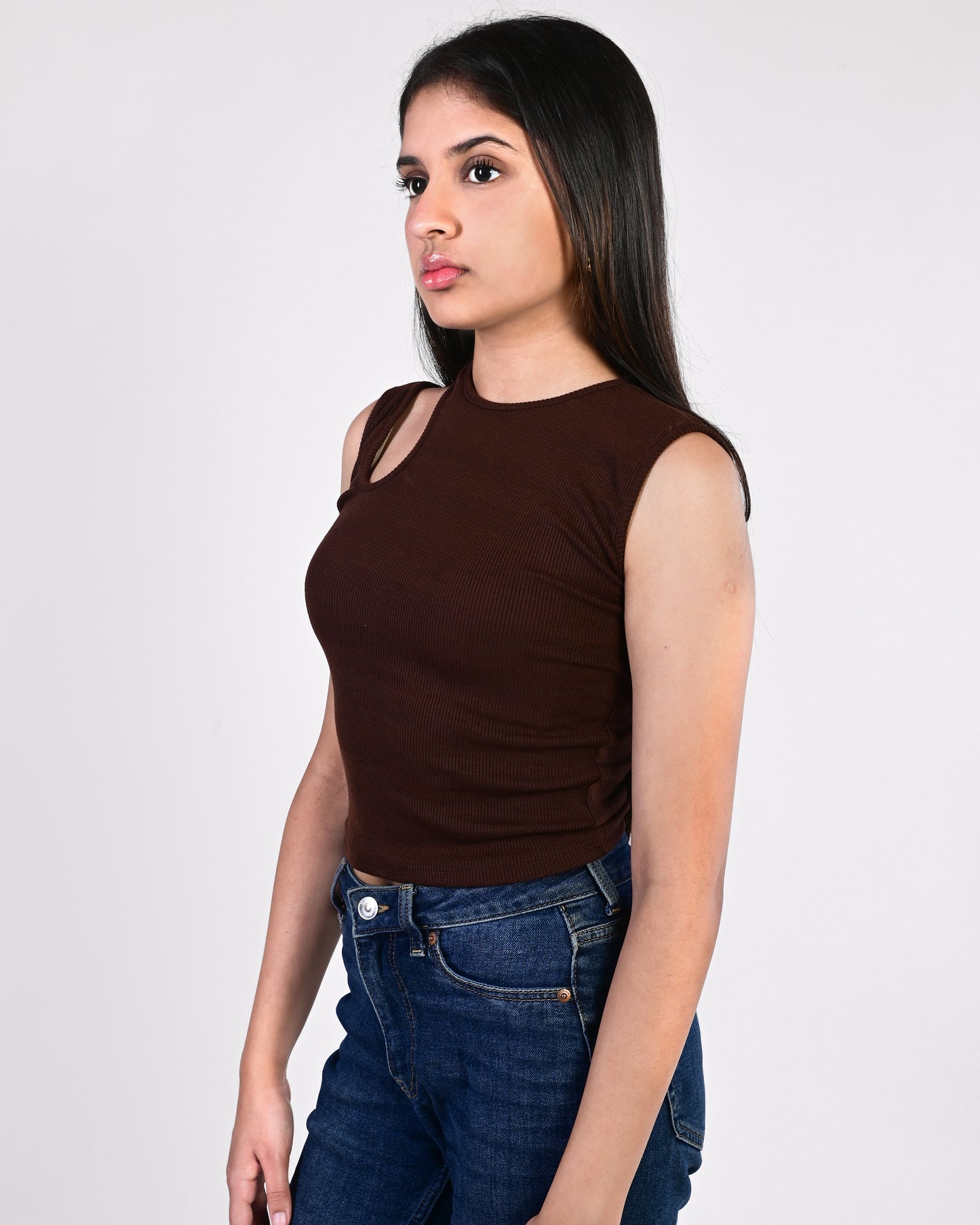 Shoulder Cut Crop Top (Brown)