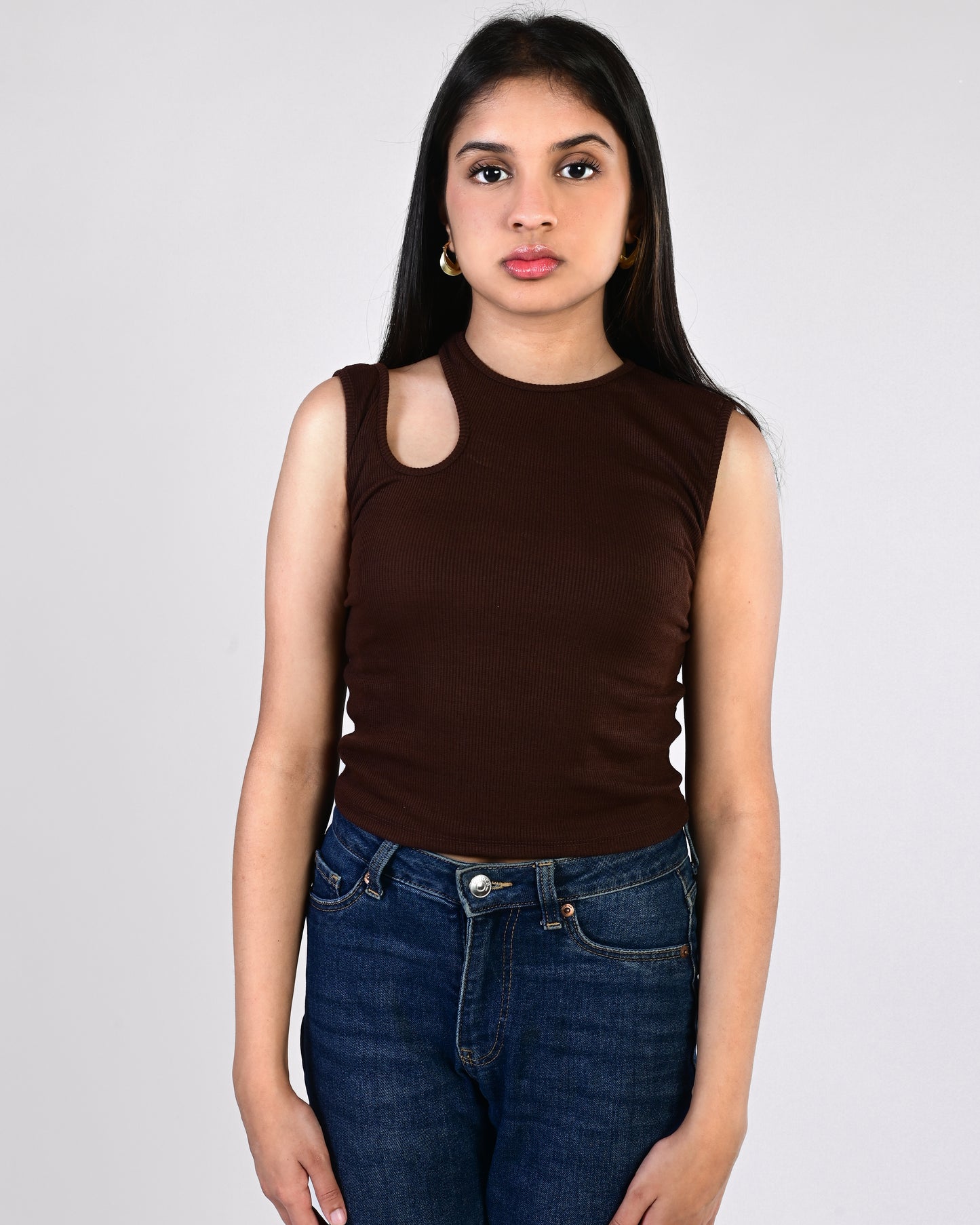 Shoulder Cut Crop Top (Brown)