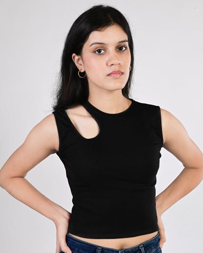 Shoulder Cut Crop Top (Brown)