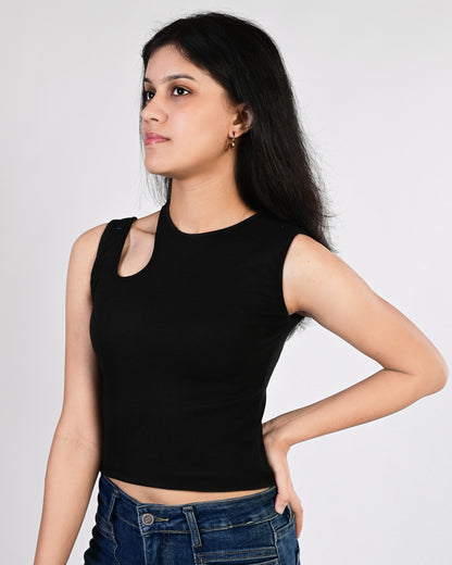 Shoulder Cut Crop Top (Black)